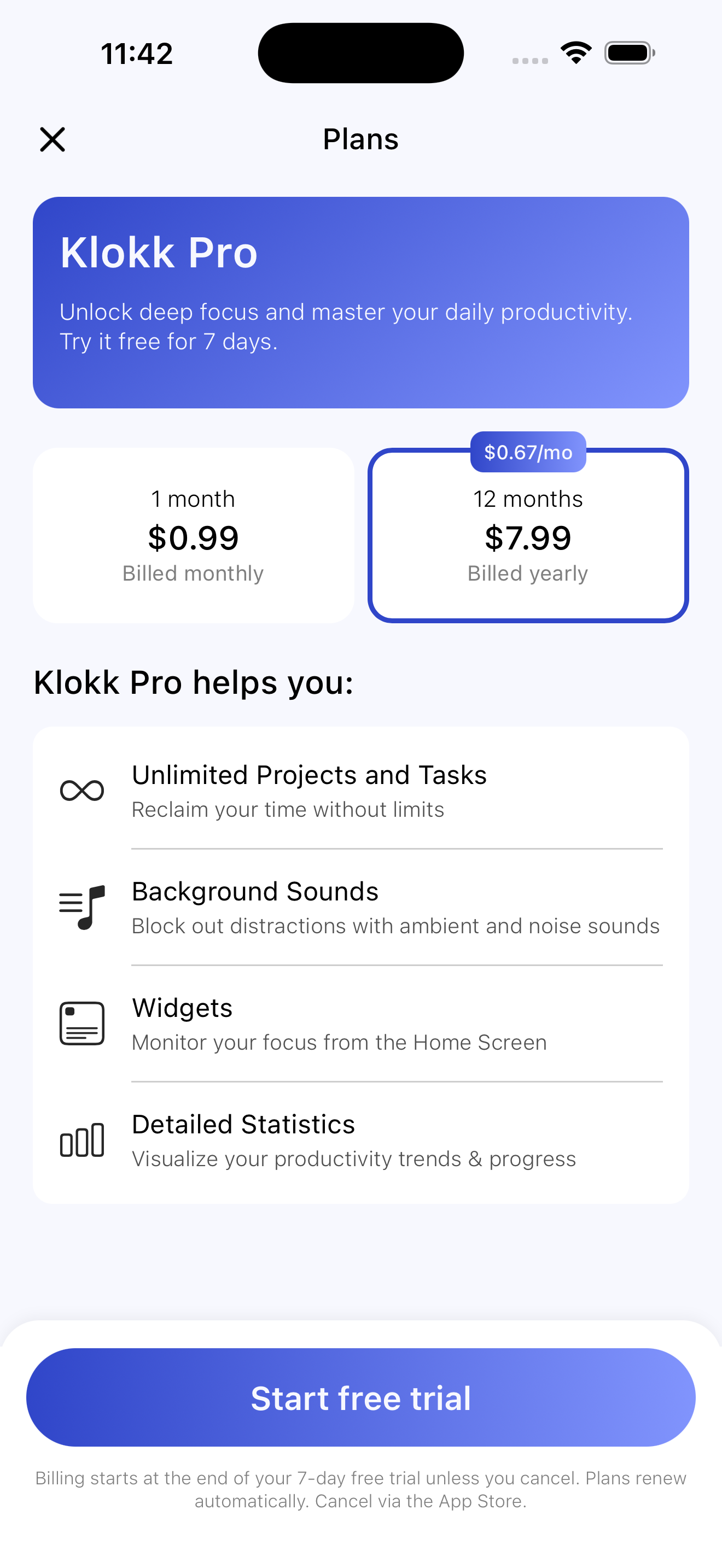 Klokk Pro subscription screen